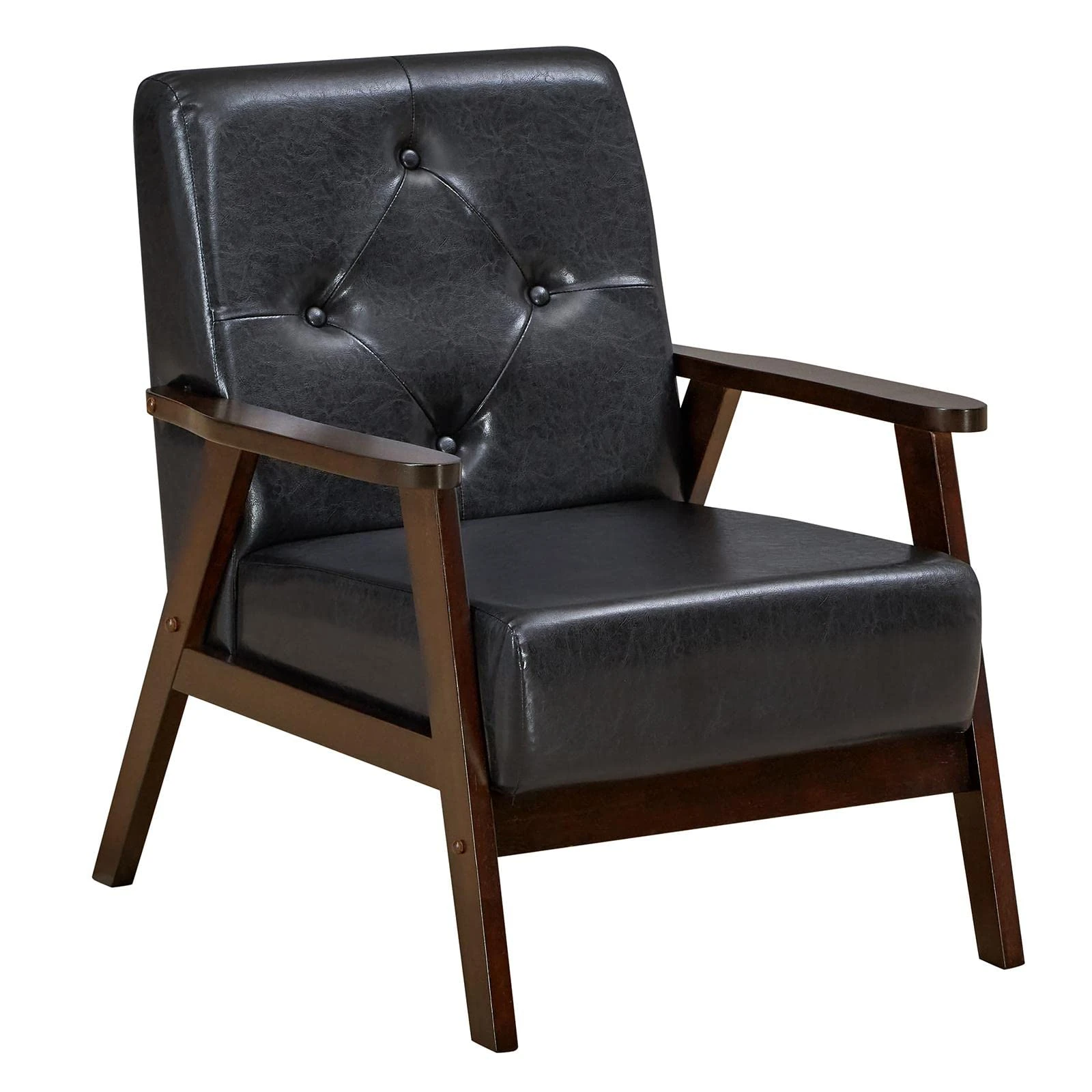 Multigot Accent Chair, Rubber Wood Frame PU Leather Armchairs with Backrest, Thick Cushion & Tufted Buttons, Mid-Century Single Sofa Chair for Living Room, Bedroom, Guestroom and Office