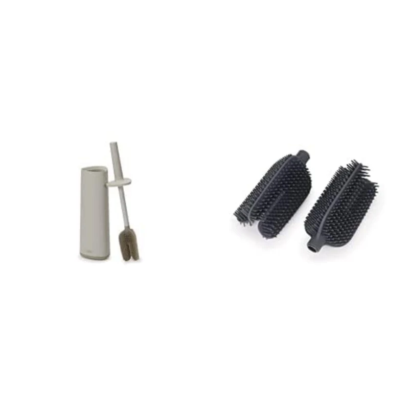 Joseph Joseph Flex 360, Advanced Smart Toilet Brush and Storage Holder Set with anti-drip, anti-clog, triple-action replaceable brush head- Matt Finish, Ecru + Replacement Heads - Image 1