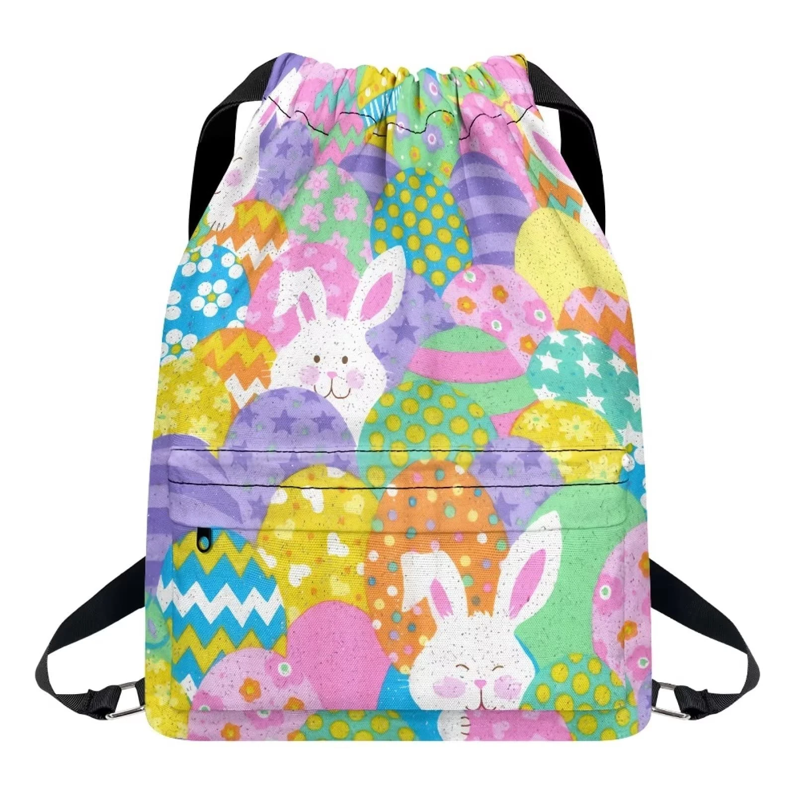 Dolyues Easter Drawstring Bags Gym Sport Portable Backpack with Zipper Pocket Easter Rabbit Eggs Bag Colorful Softpack Waterproof Swimming Bagpack