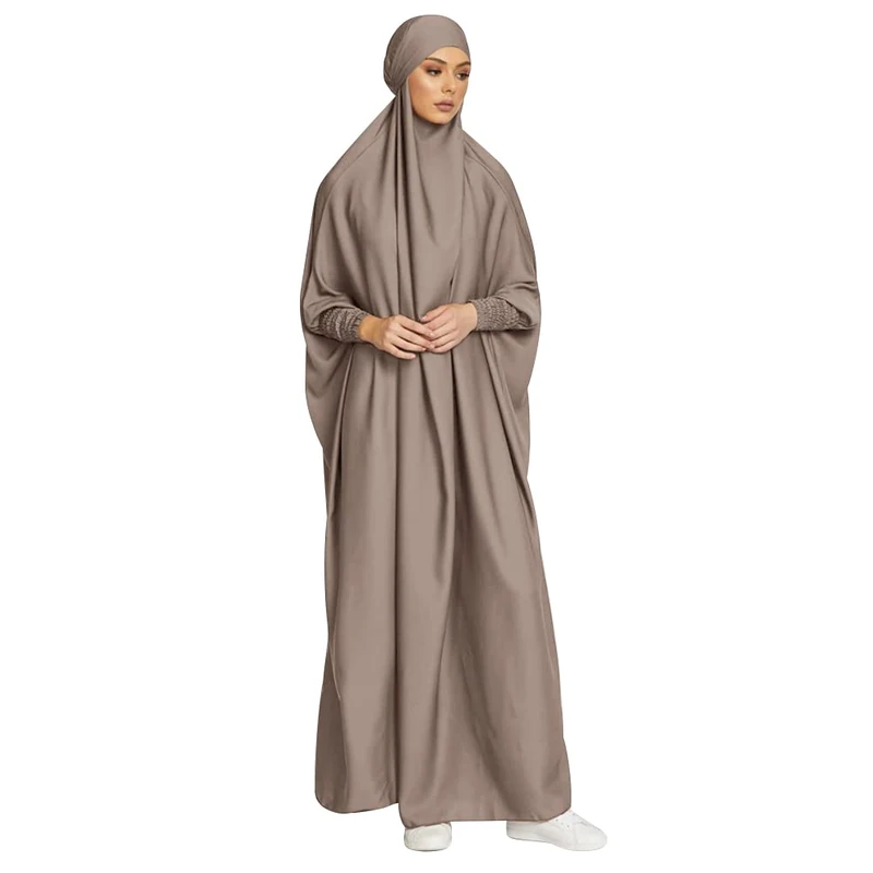 OBEEII Muslim Dress for Women, Prayer Robes Plain Loose Islamic Middle East Dubai Turkish Max Kaftan Full Length Hijab Dress, Khaki, One Size