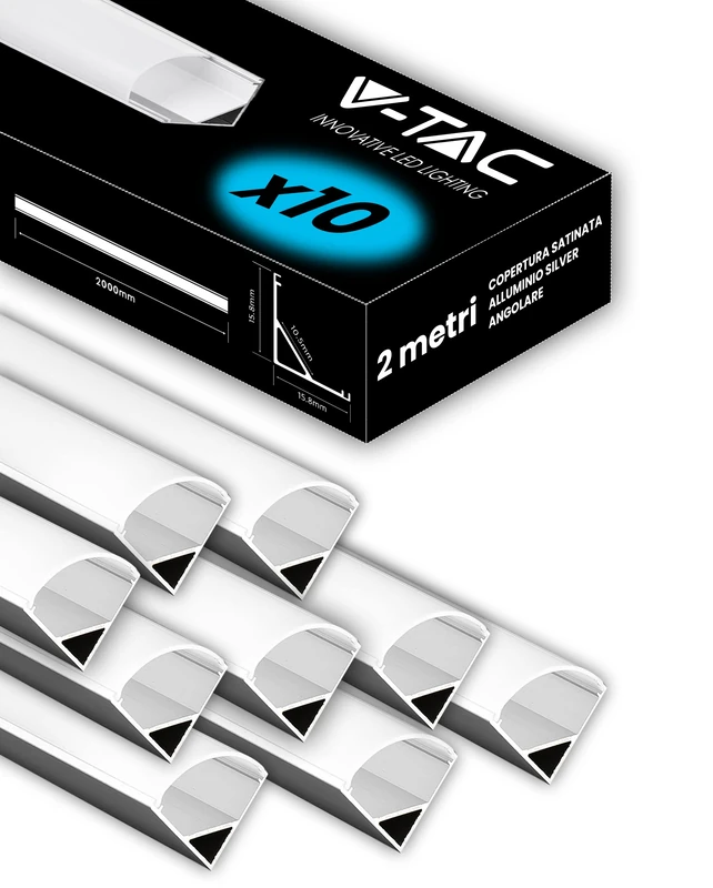 V-TAC 10x 2m Corner LED Strip Aluminium Profiles - Silver - Image 1