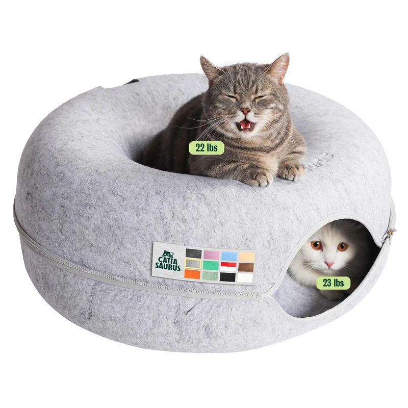 CATTASAURUS Peekaboo Cat Cave for Multiple & Large Cats Up to 30-45 Lbs, Scratch Detachable & Washable Tunnel Bed, Comfy Donut Cat Cave (Light Gray, Large)