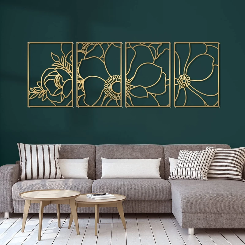Glamativity 4 Pack Gold Wall Art Décor, Flower Minimalist Décor Single Line Art Wall Décor, Real Metal Wall Art, Nature Floral Abstract Wall Art, for Kitchen Bedroom Living Room