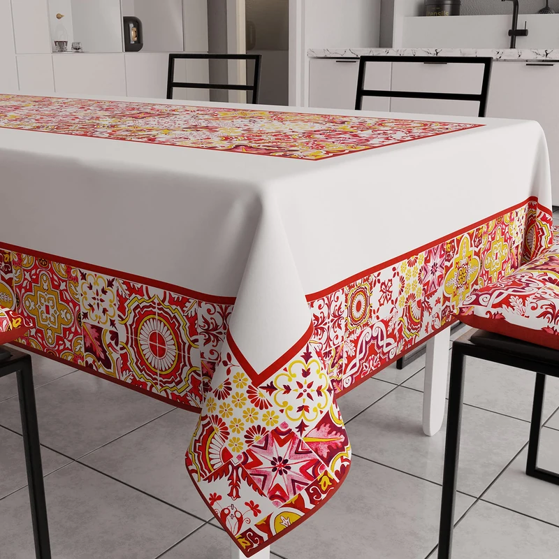 PETTI Artigiani Italiani - Anti-Stain Rectangular Tablecloth Kitchen Table Cover Geometric Design Vietri Red X24 Seater (140 x 450 cm) 100% Made in Italy