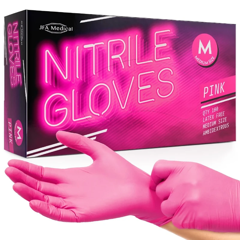 JFA Medical Disposable Powder Free Pink Nitrile Gloves - Box of 100 (Medium)