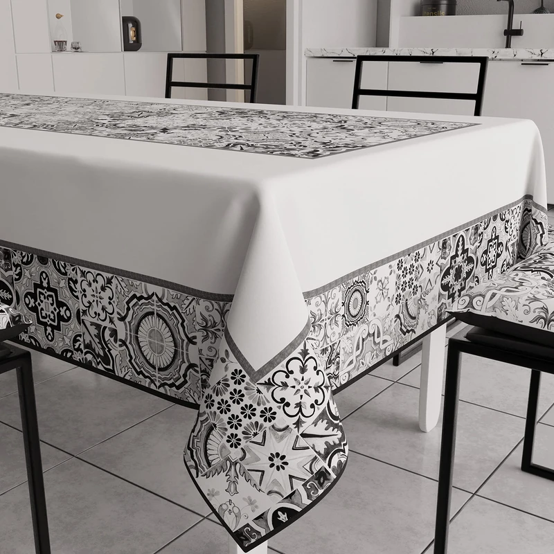 PETTI Artigiani Italiani - Anti-Stain Rectangular Tablecloth Kitchen Table Cover, Geometric Design, Vietri Black X24 Seater (140 x 450 cm) 100% Made in Italy