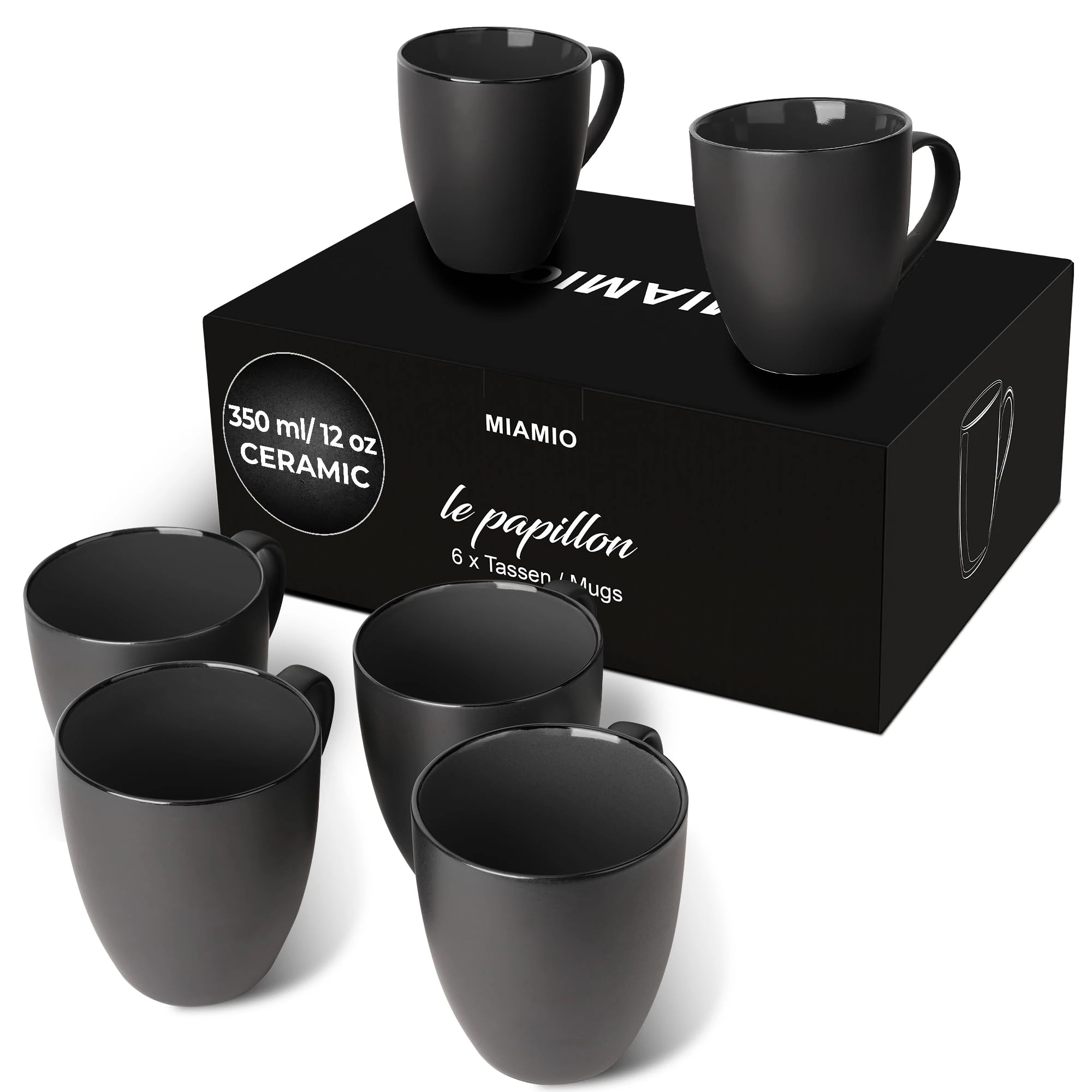 MIAMIO - 6 x 350 ml Stoneware Coffee Mug/Cup Set - Le Papillon Collection (Black)