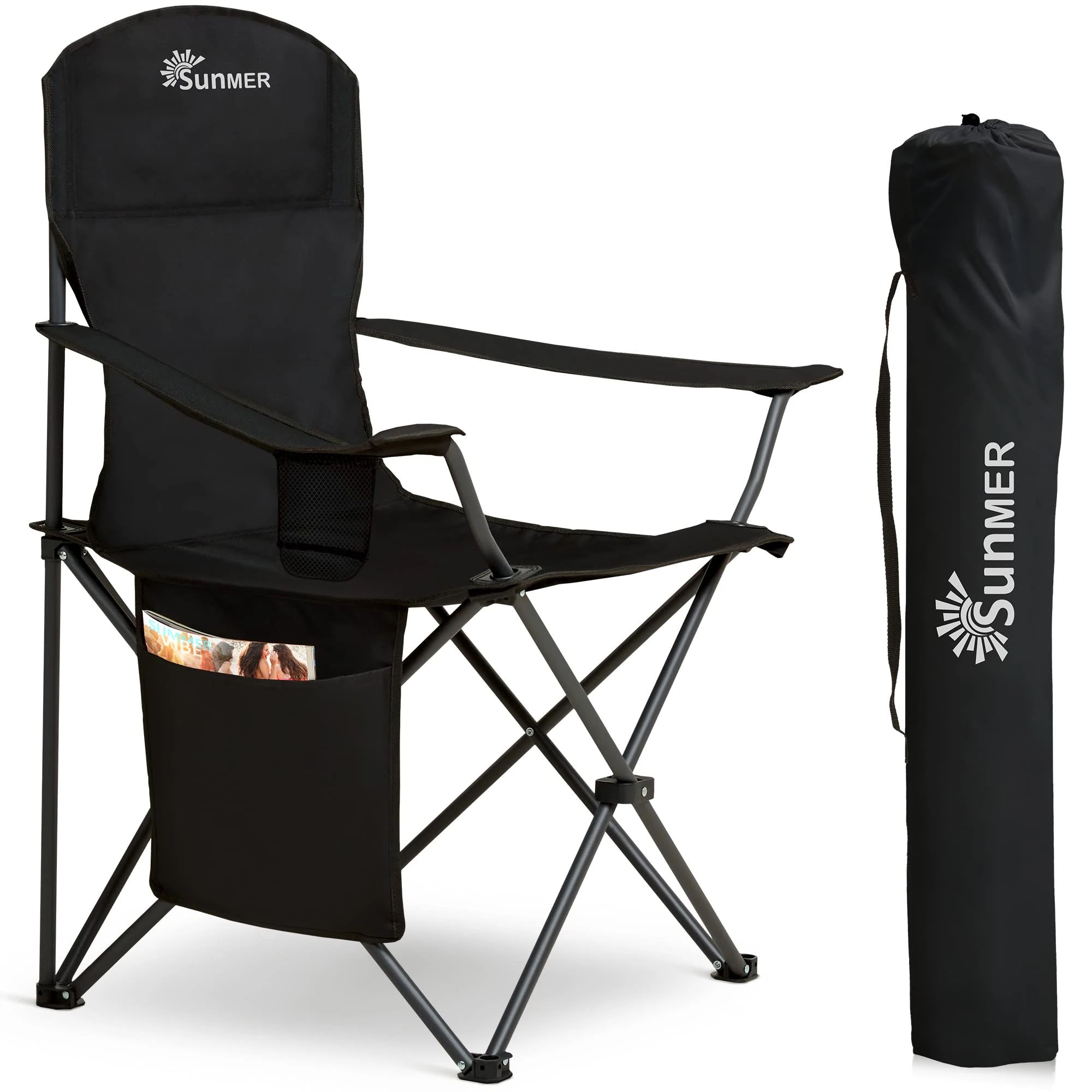 SUNMER Folding Camping Chairs, Extra Wide Lightweight Outdoor Chairs with Armrests and Cup Holder, 120 kg Capacity - Black