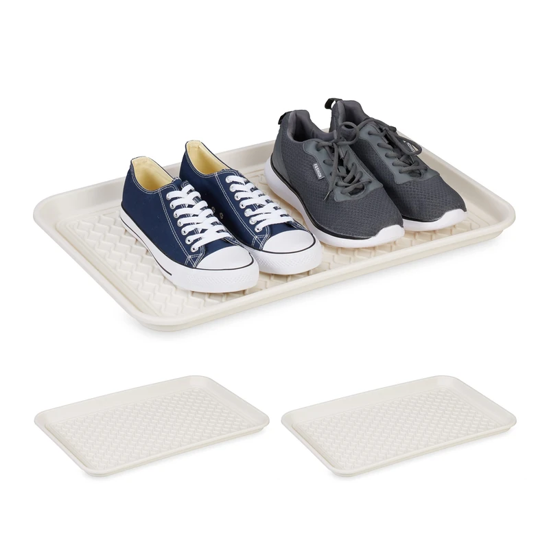 Relaxdays XL Shoe Tray, Set of 3, Hallway Storage for Muddy or Wet Boots, Wellies & Trainers, 60 x 40 cm, Plastic, White