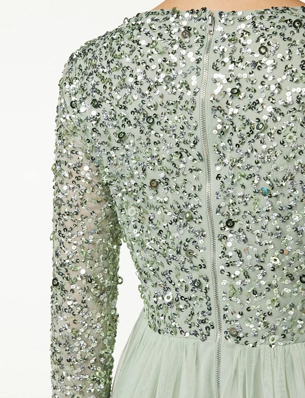 Ladies Maxi Dress for Women with Long Sleeves V Neckline Plunging Sequin Embellished for Wedding Guest Bridesmaid Prom Taupe Blush Size 26