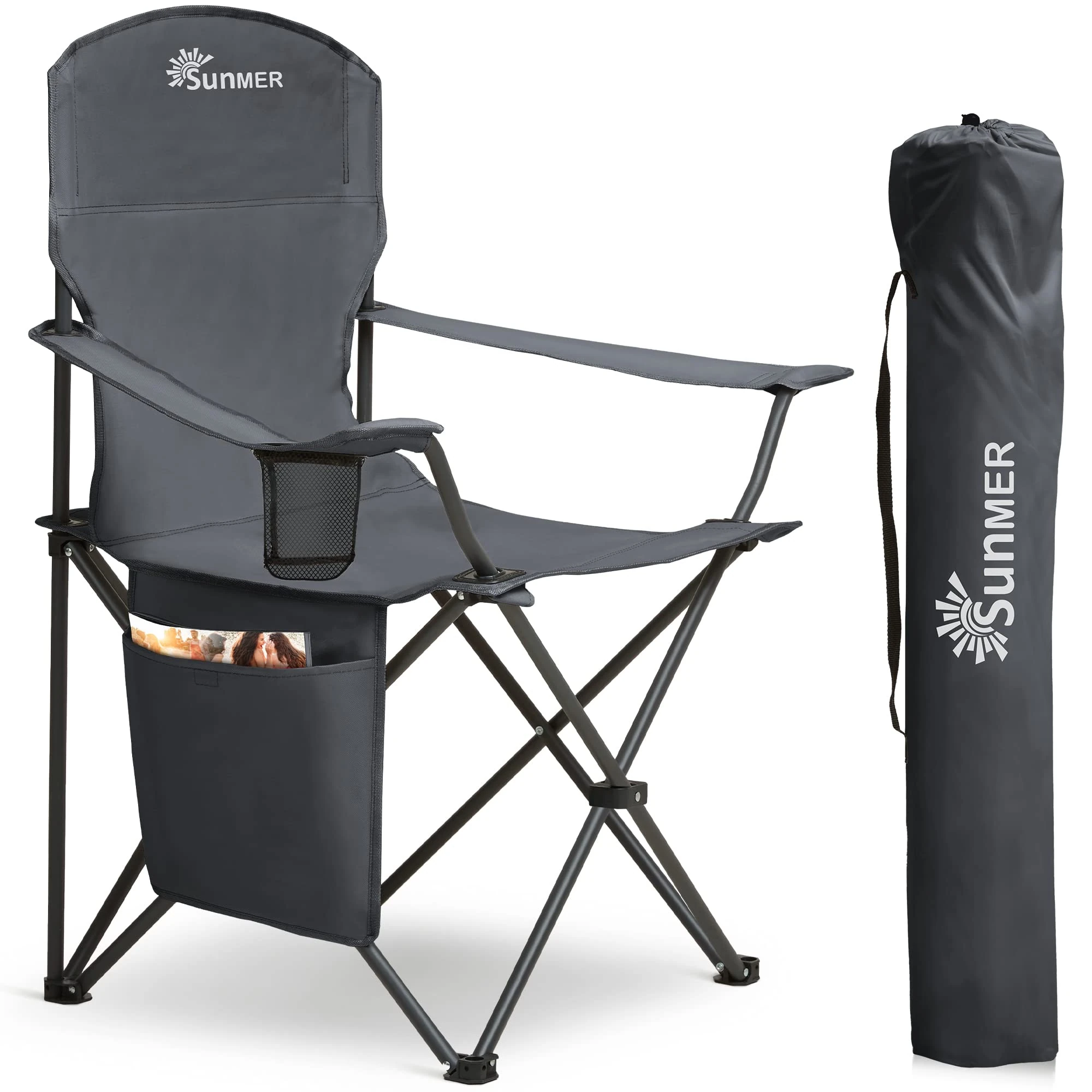 SUNMER Folding Camping Chairs, Extra Wide Lightweight Outdoor Chairs with Armrests and Cup Holder, 120 kg Capacity - Dark Grey