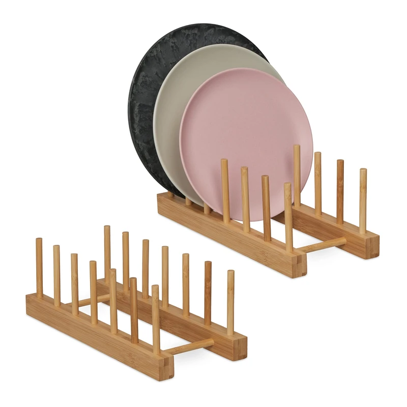 Relaxdays Rack for 6 Plates, Boards & Lids, Set of 2, Bamboo, HWD 10 x 12 x 29.5 cm, Kitchen Dish Drainer, Natural