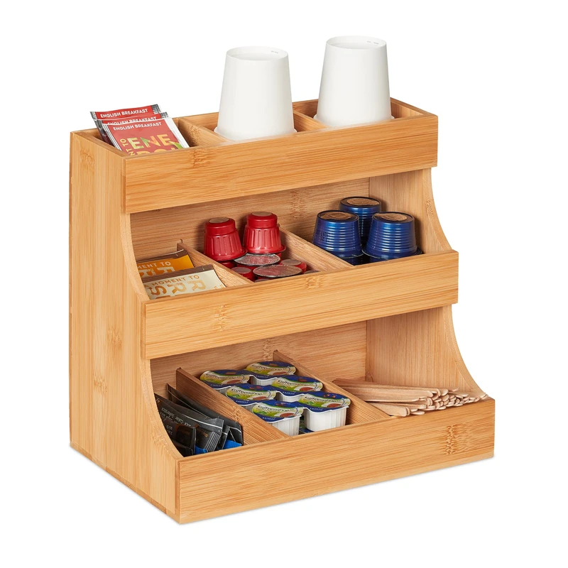 Relaxdays Coffee Organiser, 9 Shelves, Bamboo, HxWxD: 24x26.5x17.5 cm, Station, Storage, Tea, Accessory, Natural, 24 x 26.5 x 17.5 cm