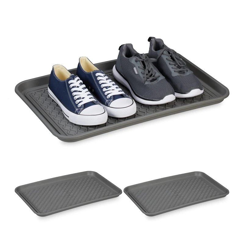 Relaxdays XL Shoe Tray, Set of 3, Hallway Storage for Muddy or Wet Boots, Wellies & Trainers, 60 x 40 cm, Plastic, Grey