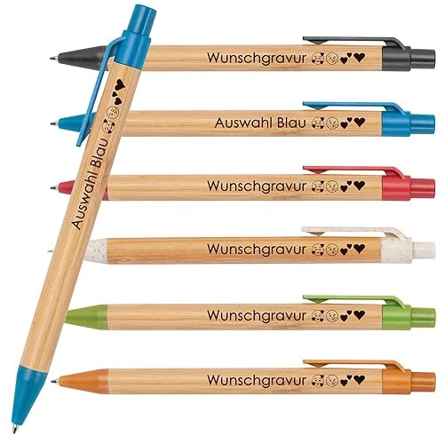 50 x Bamboo Ballpoint Pens with Desired Engraving, Sustainable, Emojis Possible, Blue Writing, Coloured Applications Made of Wheat Straw, Promotional Ballpoint Pen (Blue)