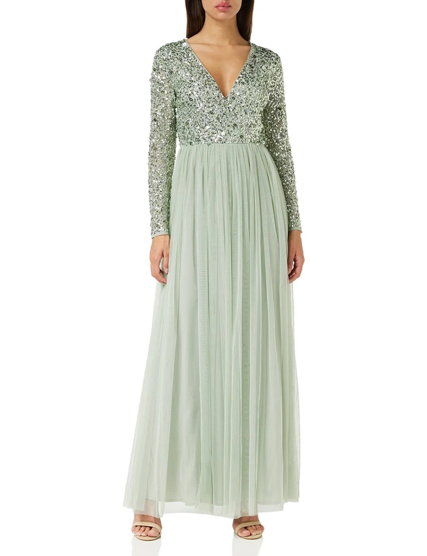 Ladies Maxi Dress for Women with Long Sleeves V Neckline Plunging Sequin Embellished for Wedding Guest Bridesmaid Prom Green Lily Size 14