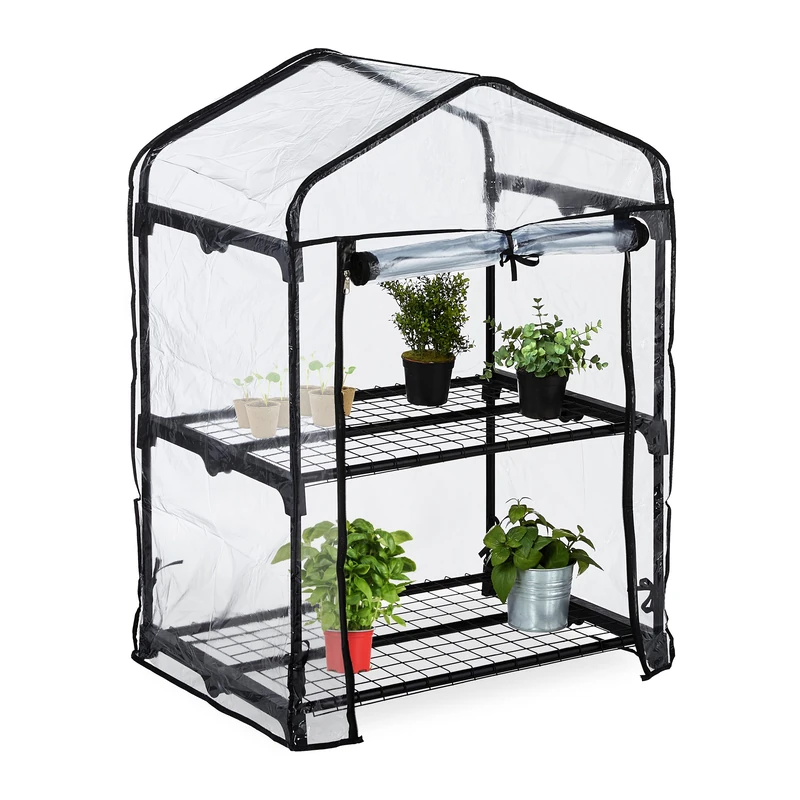 Relaxdays Balcony Greenhouse, 2 Levels, HxWxD: 94 x 67 x 49 cm, All-Year Propagator, PVC Foil, Steel, Transparent/ Black