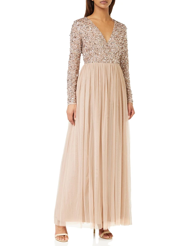 Ladies Maxi Dress for Women with Long Sleeves V Neckline Plunging Sequin Embellished for Wedding Guest Bridesmaid Prom Taupe Blush Size 10