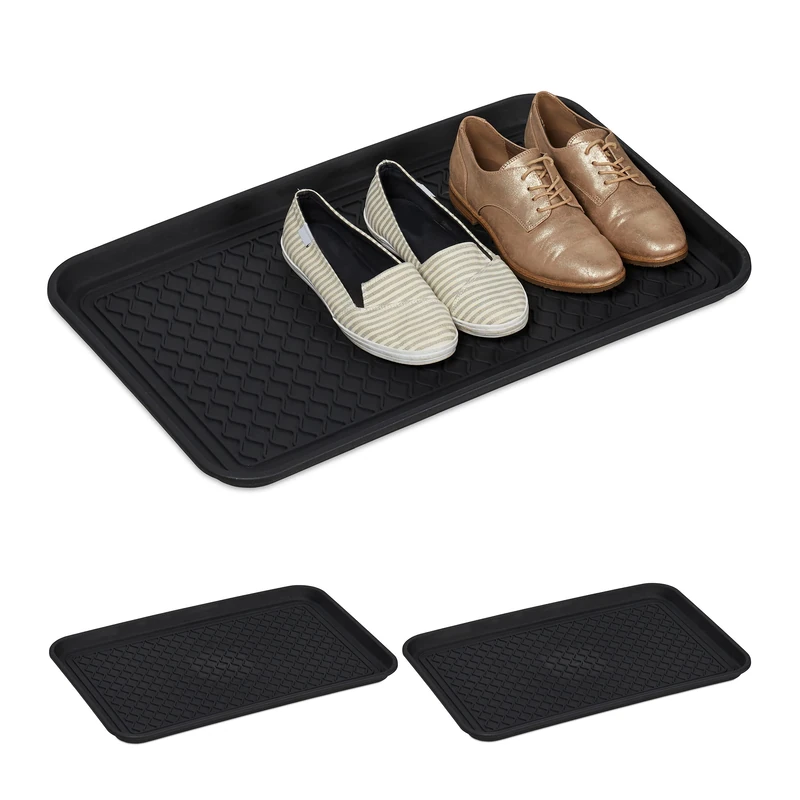 Relaxdays XL Shoe Tray, Set of 3, Hallway Storage for Muddy or Wet Boots, Wellies & Trainers, 60 x 40 cm, Plastic, Black