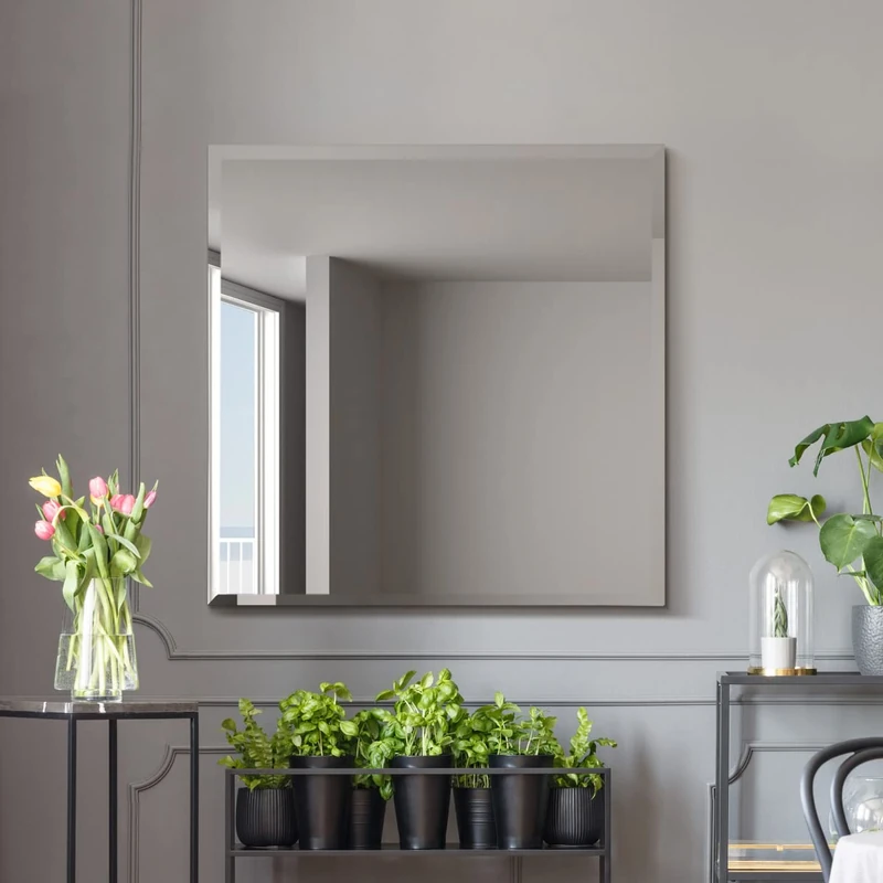 MirrorOutlet The Moderni - Large Bevelled edged Modern Square Wall Mirror 35" X 35" (90cm X 90cm) Silver Mirror Glass On A Black Backing.…
