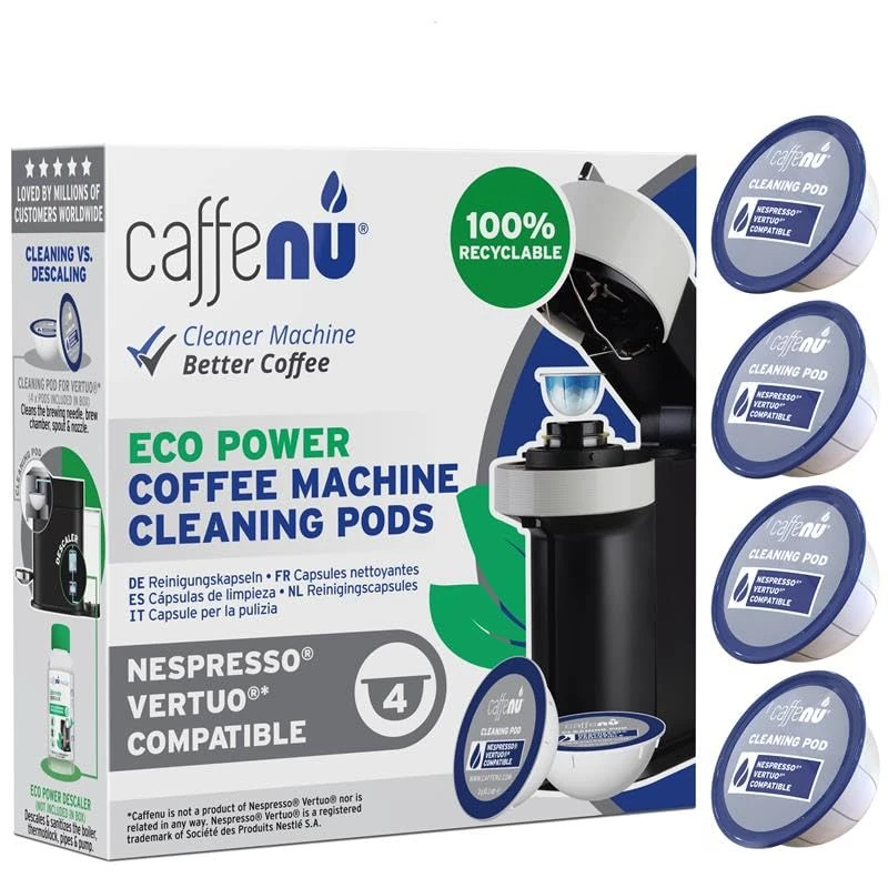 Caffenu Cleaning Pods Compatible with Nespresso Vertuo. 4 Cleaner Capsules. For Improved Coffee Flavor and Crisp Coffee. Use with Descaling Kit