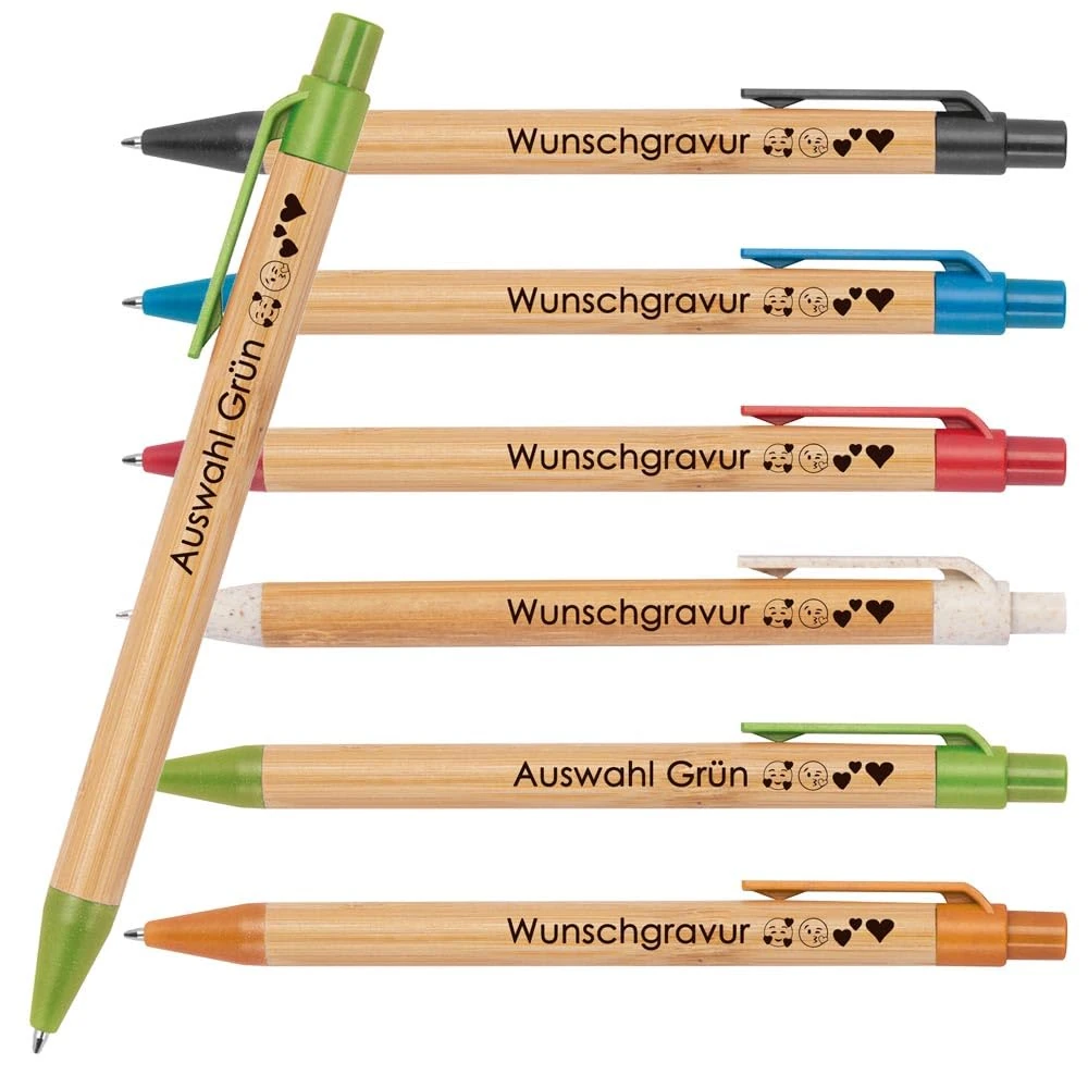 50 x Bamboo Ballpoint Pens with Desired Engraving, Sustainable, Emojis Possible, Blue Writing, Coloured Applications Made of Wheat Straw, Promotional Ballpoint Pens (Green)