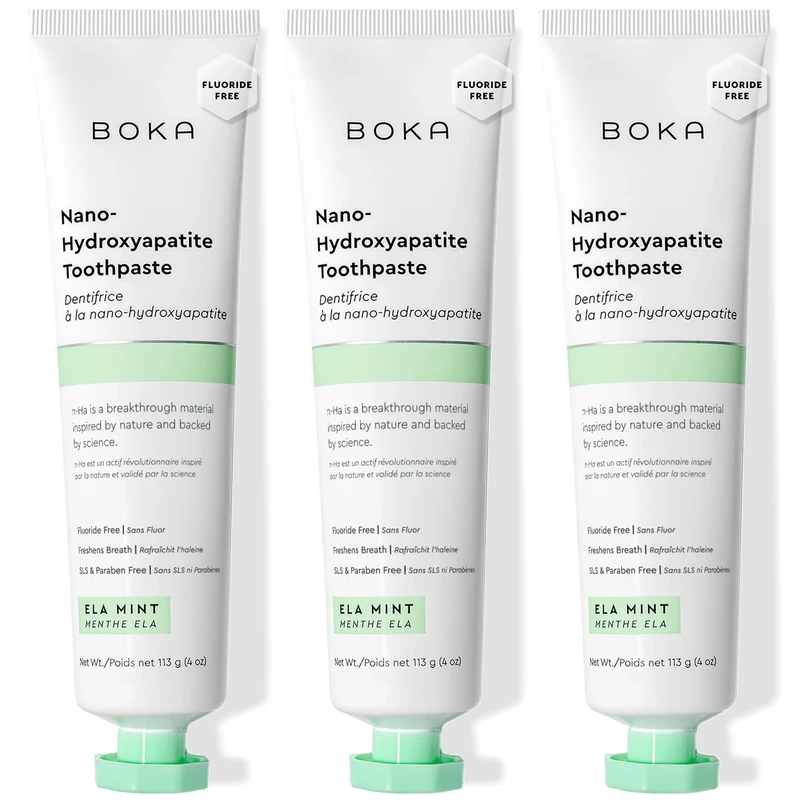 Boka Fluoride Free Nano Hydroxyapatite Toothpaste - Adult & Kids - Appropriate for Sensitive Teeth - No Sulfates & Parabens - Natural Flavors & Vegan - Mild Ela Mint (113g) 3pk