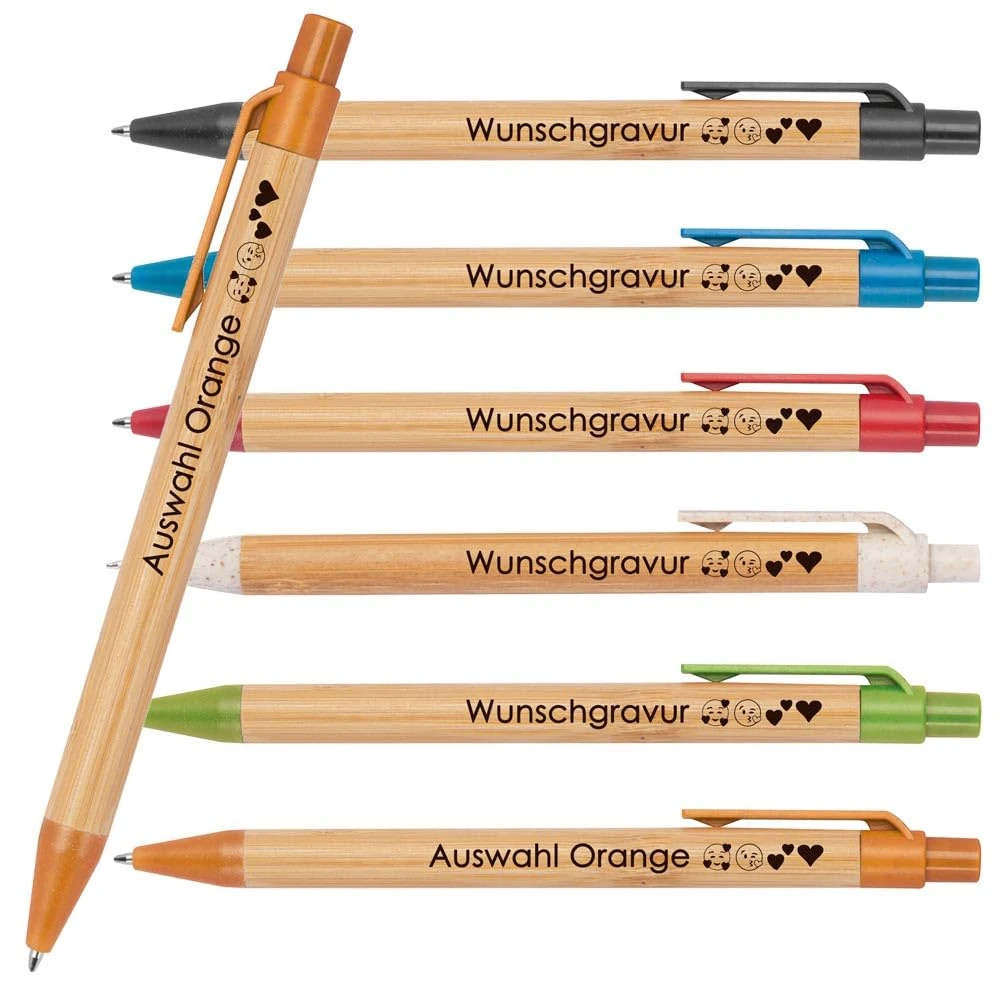 Bamboo Ballpoint Pen with Desired Engraving | Sustainable | Emojis Possible | Blue Ink | Coloured Appliques Made of Wheat Straw | Advertising Writing Pens Personalised (Orange, 100)