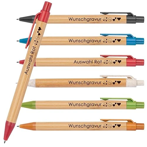 100 x Bamboo Ballpoint Pens with Desired Engraving | Sustainable | Emojis Possible | Blue Writing | Coloured Applications Made of Wheat Straw | Promotional Ballpoint Pens (Red)