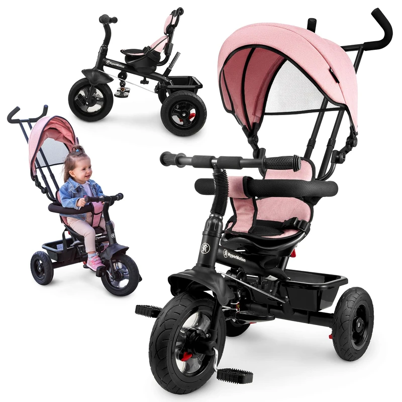 HyperMotion Toddler Tricycle with Parent Handle - Adjustable Push Bar Trike for Ages 1-4, Removable Canopy & Safety Belt - Lightweight Kids Bike with Storage Basket (Pink)