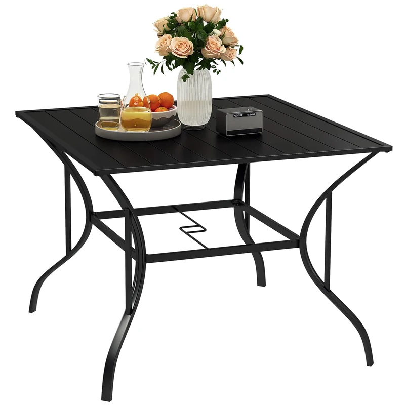 Outsunny 94 x 94 cm Garden Dining Table with Parasol Hole, Square Patio Table with Slatted Metal Plate Top, Black
