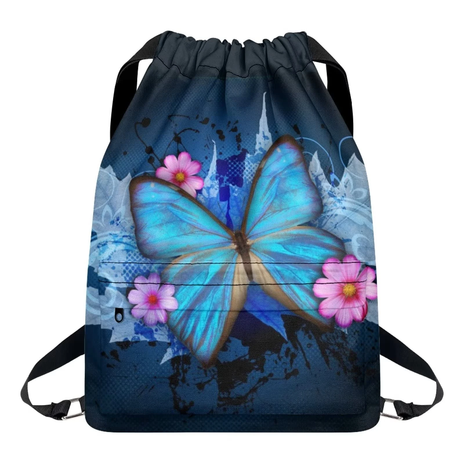 Dolyues Butterfly Flower Drawstring Bag Zipper String Swim Drawstrings PE Bags Large Portable Backpack for Women Girl Water-Resistant Gym Sack Pack