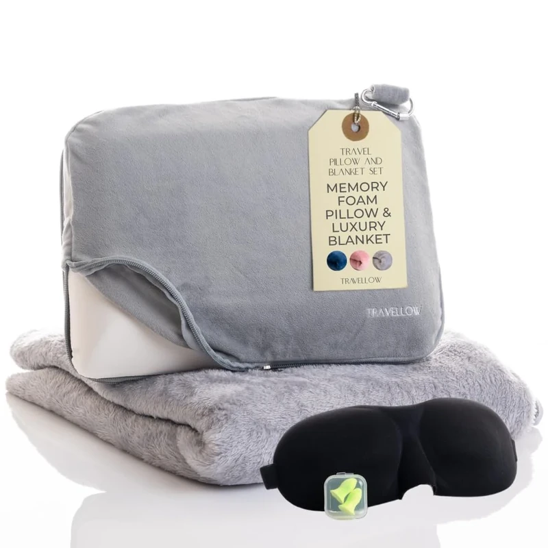 Travellow Travel Pillow and Blanket Set - 4-in-1 Ultimate Travel Kit with Memory Foam Pillow, Travel Blanket, Sleep Mask, and Earplugs-Ultimate Comfort and Coziness for Your Journeys - Grey
