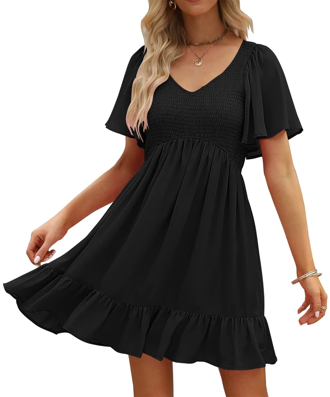 LILLUSORY Women's Flowy Casual Mini Dresses 2023 Summer Smocked V Neck Flutter Sleeve Ruffle Dress, Black, M - Image 1