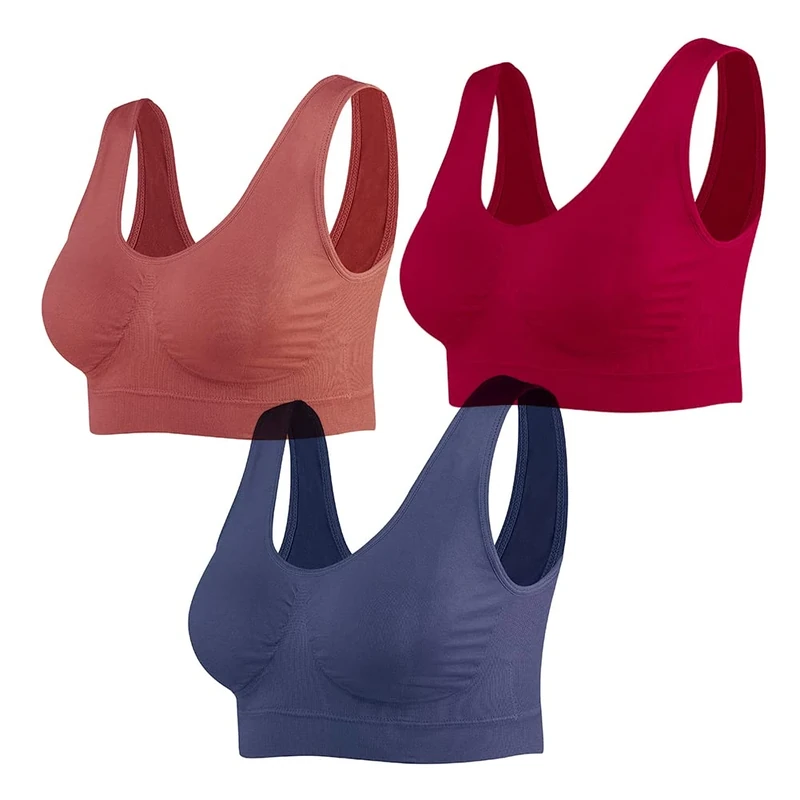 Lemef 3-Pack Seamless Sports Bra Wirefree Yoga Bra with Removable Pads for Women (X-Large, Brown&Navy&Merlot)