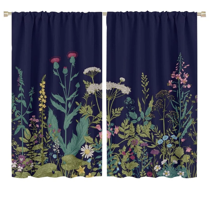 GoDazzling Wildflower Blackout Windows Curtains, Retro Botanical Floral Rustic Flower Herb Print Pattern Rod Pocket Curtains, for Bedroom Living Room 72x63in 2 Panels