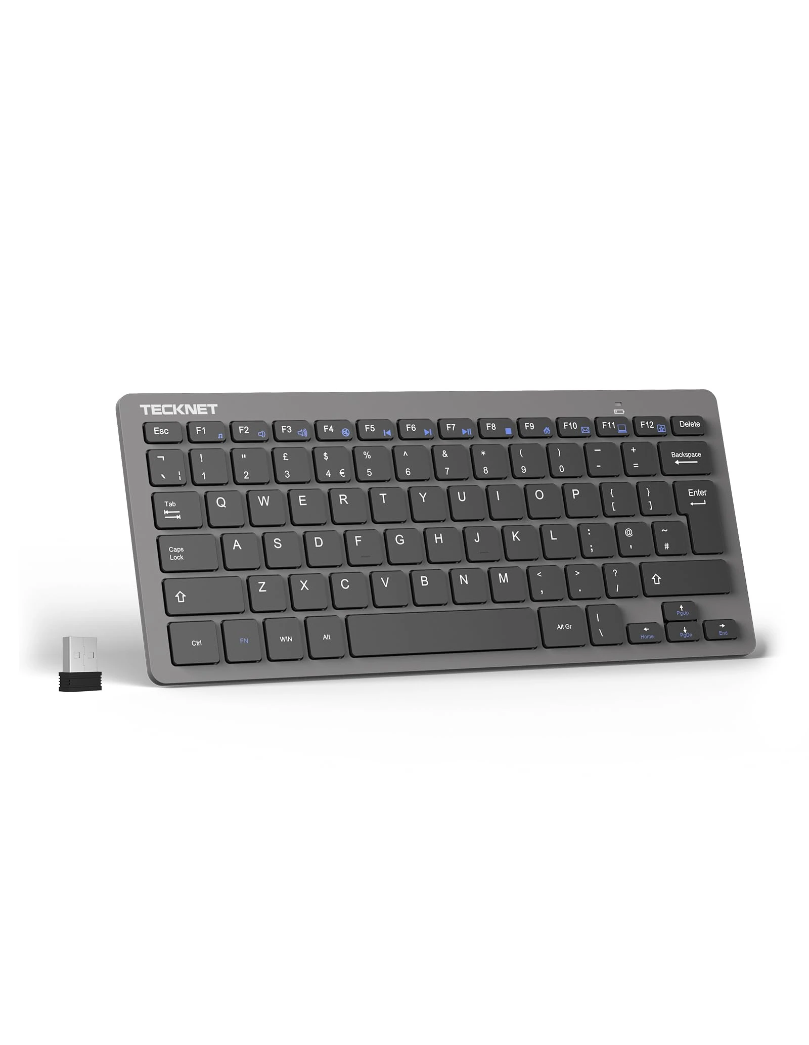 TECKNET 2.4G Wireless Keyboard, Small Keyboards with Media Hotkeys, Ultra Slim Compact Wireless Keyboard, 12-Month Battery Life, Compatible with PC, Desktop, Laptop, Smart TV - Grey