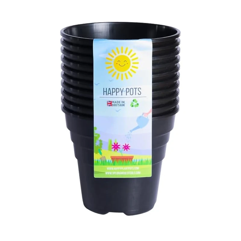 Happy Pots - 10cm Gloss Black - Pack of 10 Premium Plastic Plant Pots - Reusable Flower Pots for Indoor/Outdoor Home Décor Gardening - Round, Heavy Duty, UV Resistant, Recyclable - Made in UK