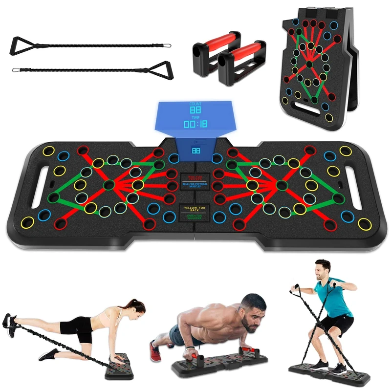 CRAZYROPE Foldable 41-in-1 Push Up Board with Counter, Wide Push-Up Board with Handle for Muscle Training and Strength Training, 41 Combination Positions (Countable model with resistance bands)