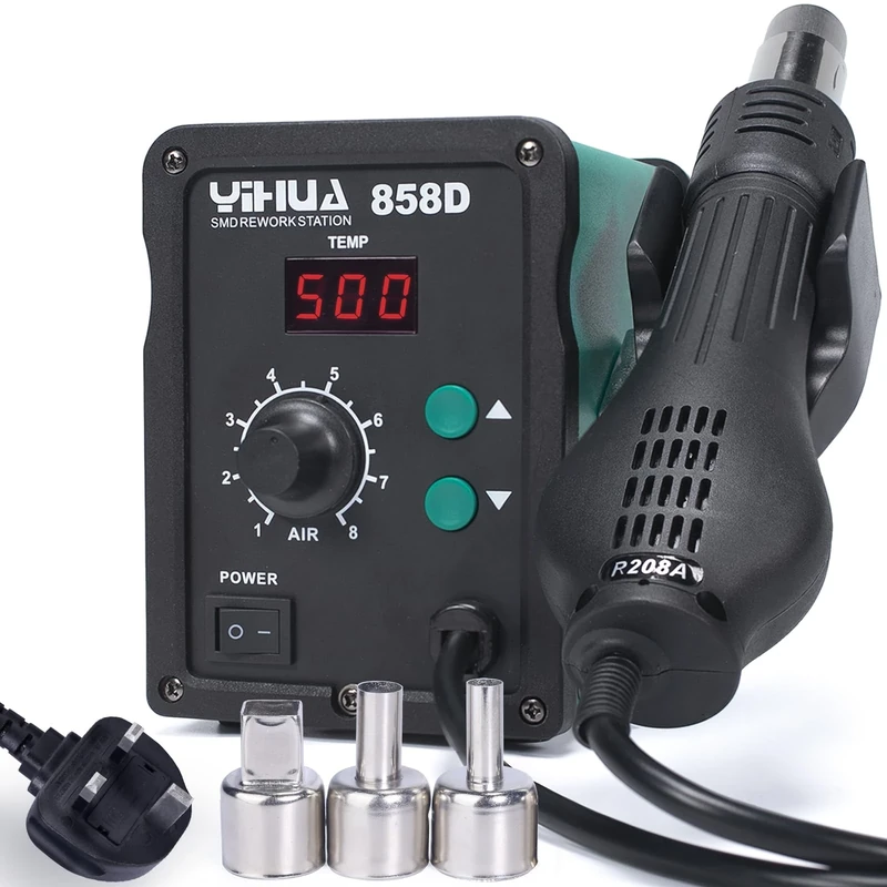 YIHUA 858D Hot Air Rework Station 700W for SMD Soldering and desoldering with Adjustable Temperature, Adjustable Air Volume, PID Temperature Control, Auto Start/Stop Function, 4 Hot Air Nozzles