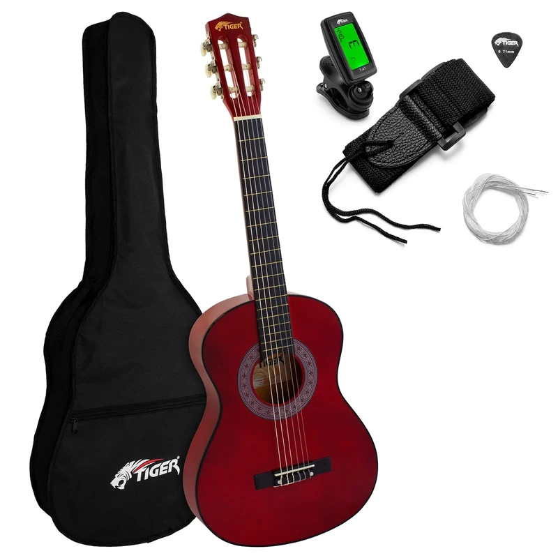 Tiger CLG4-RDTU Classical Spanish Guitar 3/4 – Ideal for Beginners and Children Aged 9+ - Tuner, Bag, Pick, Strap, Spare Strings Included - Pink - Three Quarter sized