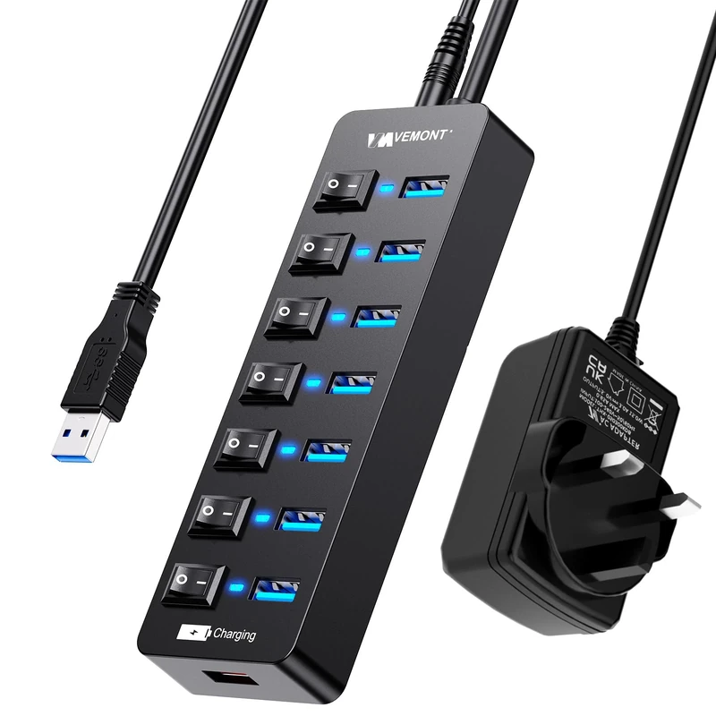Powered USB Hub 3.0,VEMONT 7 Ports Multi USB Hubs and 1 USB Smart Charging Port with 5V/3A Power Supply,USB Extension Splitter with Individual On/Off Switches and 3.9ft/1.2m Long Cable for PC/Laptop