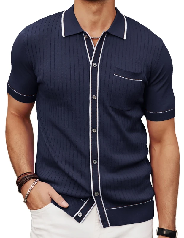 PJ PAUL JONES Men's Short Sleeve Knit Polo Shirt Vintage Button Down Golf Polo, Navy Blue, Large