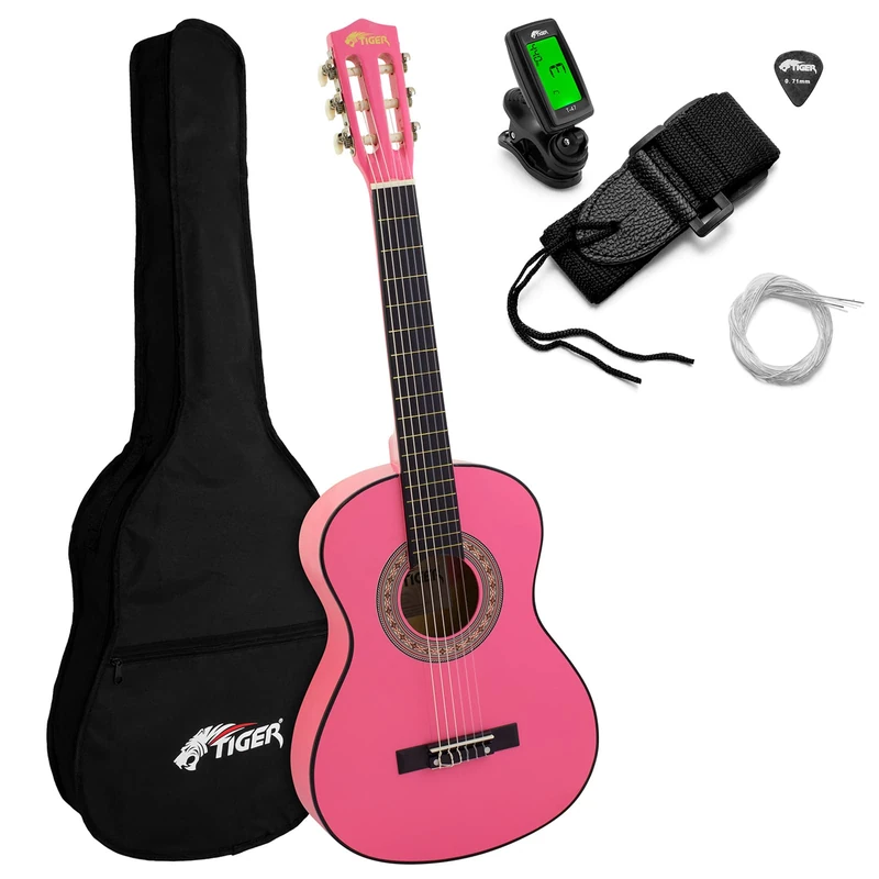 Tiger CLG4-PKTU Classical Spanish Guitar 3/4 – Ideal for Beginners and Children Aged 9+ - Tuner, Bag, Pick, Strap, Spare Strings Included - Pink - Three Quarter sized