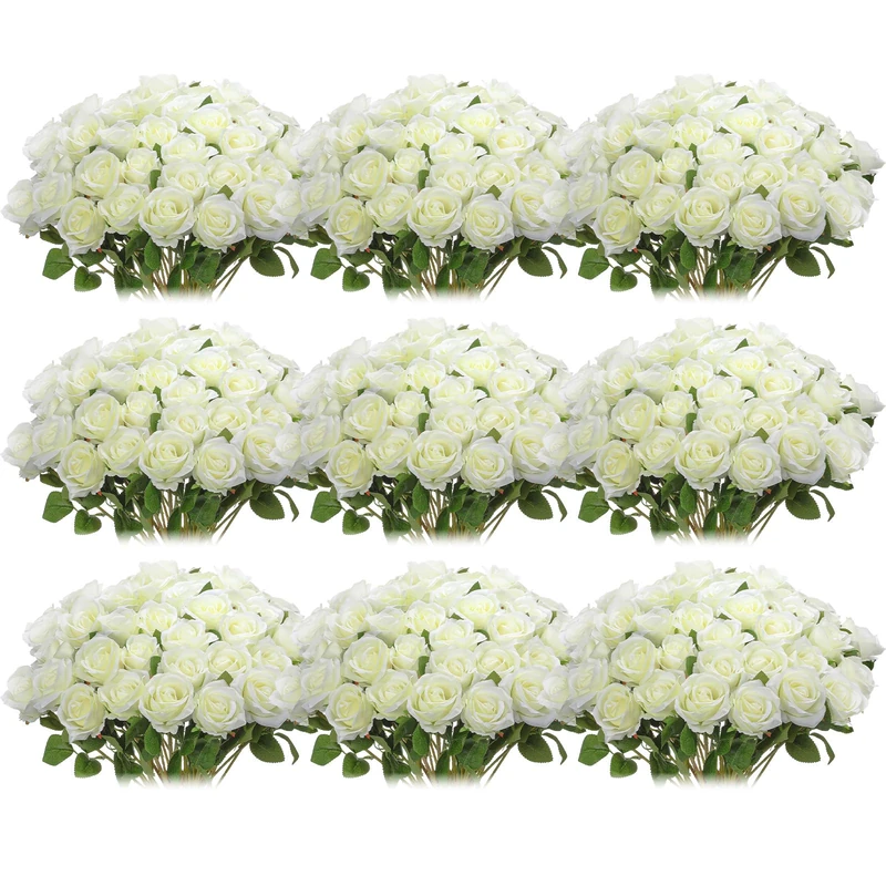 Jexine 100 Pieces Artificial Rose Flower Realistic Silk Roses with Stem Bouquet of Flowers Plastic Flowers Real Looking Fake Roses for Home Wedding Centerpieces Party Decorations (White)