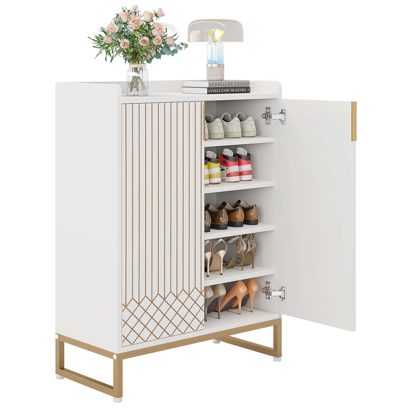 LITTLE TREE Modern White Shoe Cabinet with Doors for Up to 25 Pairs, 5-Tier Wood Shoes Rack Organizer for Entryway Bedroom Hallway Living Room
