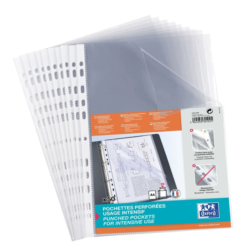 OXFORD Pack of 10 Bags of 50 Perforated Pockets A4 Thick Smooth Polypropylene 9/100 Colourless