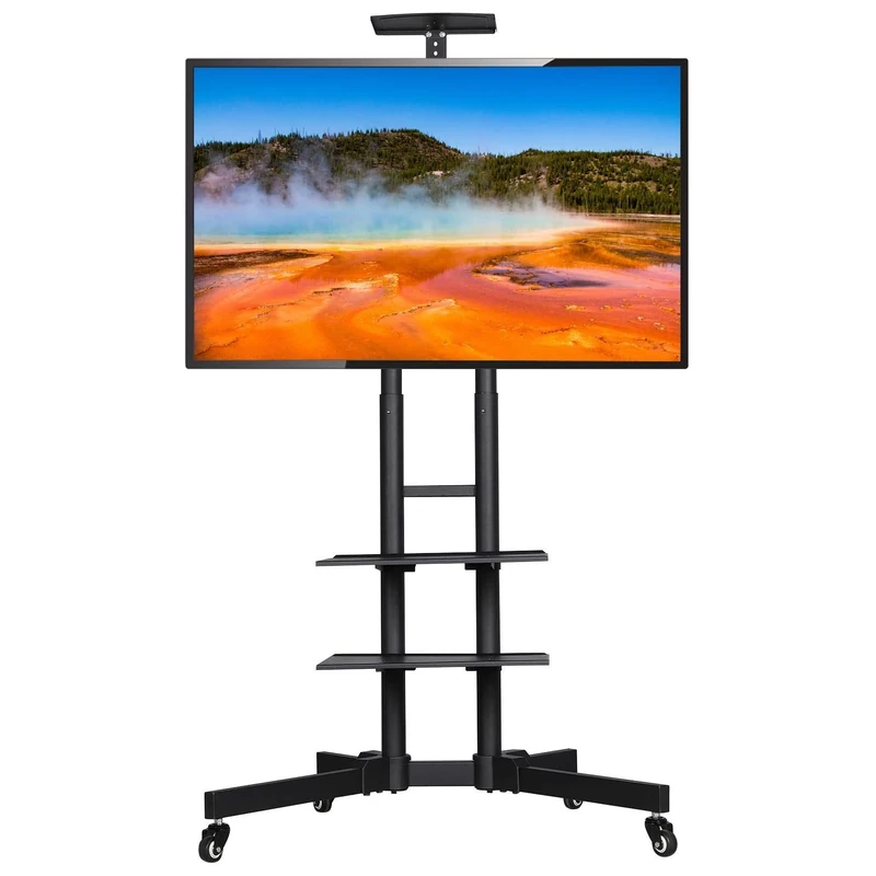 costoffs Rolling Height Adjustable TV Stand on Wheels for 32-75In Plasma/LCD/LED/TVs, Mobile TV Display Stand with 2 Storage Tray, Flat Panel Curved Screen TVs up to 50kg TV Screen, 89x66x196.5cm