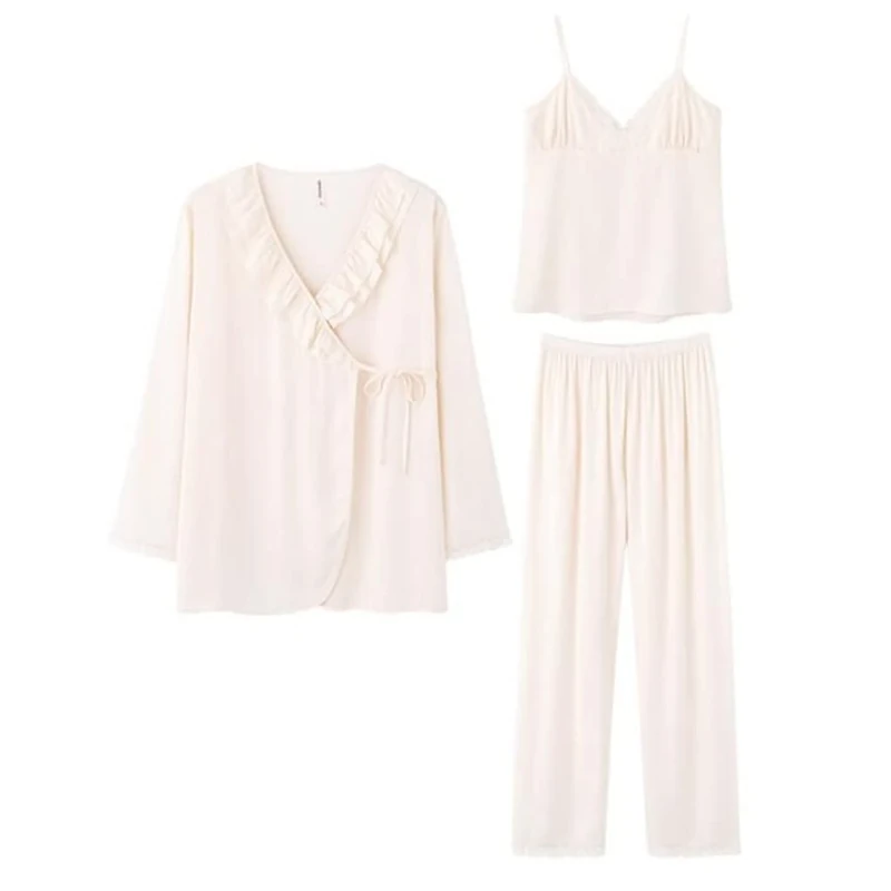 CAZARU Japanese Three-piece Home Service Ice Silk Pajamas Women's Spring And Autumn Long-sleeved Sexy Suspenders - Image 1