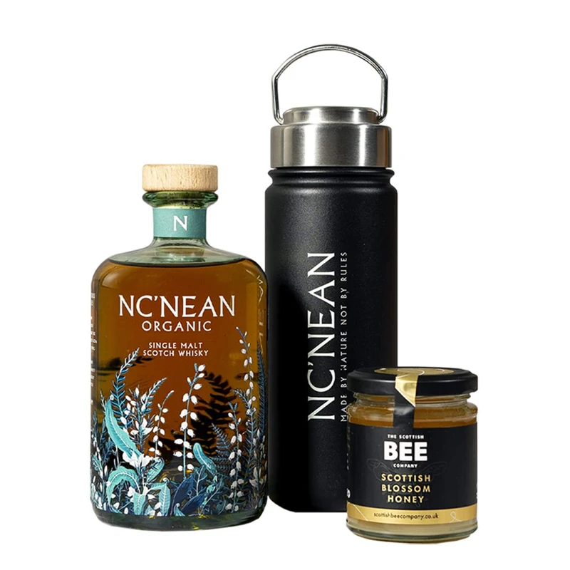Nc'nean Hot Toddy Whisky Set | 46% ABV | 1 x 70cl Bottle of Nc'nean Organic Whisky 1 x Signature Nc’nean Flask & 1 x Pot of Scottish Bee Company Blossom Honey